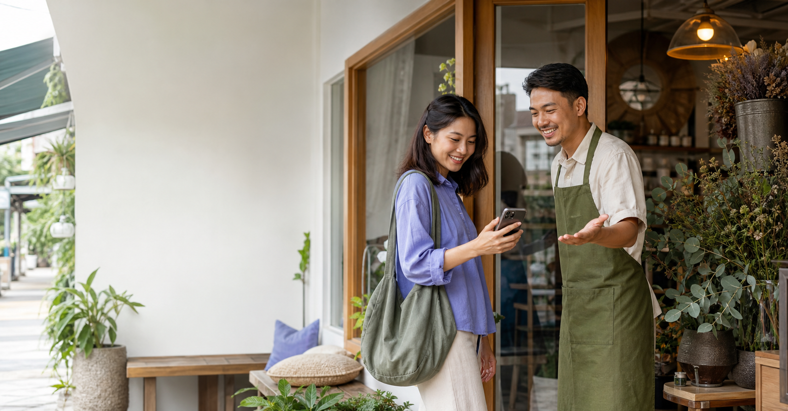 Local merchant welcoming a customer who discovered an offer