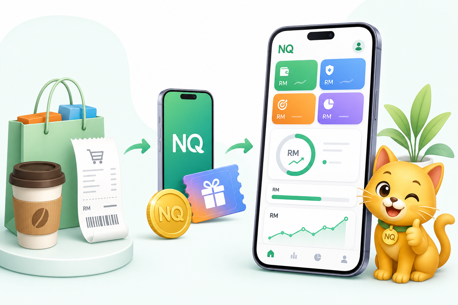 Shopping receipt and NQ rewards leading to a My Savings dashboard with a happy cat